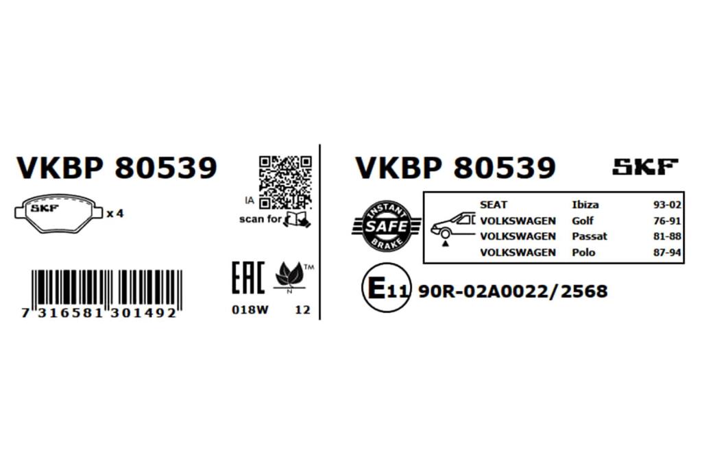 Jeu de 4 plaquettes de frein SKF ref. VKBP 80539